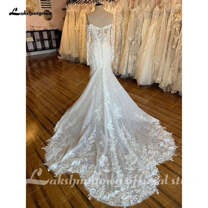 NumberSea - NumberSea Boat Neck Long Sleeves Wedding Dress Full Lace Chapel Train Bridal Gown Elegant Bridal Wedding Gowns Open Back