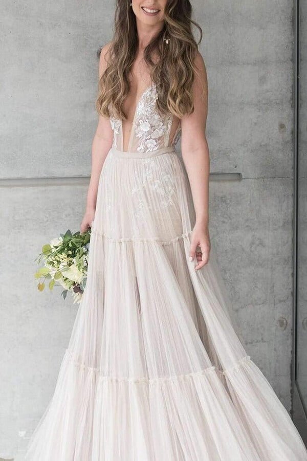 NumberSea - NumberSea Bohemain Tulle Wedding Dress, A - line V - neck Appliqued Bridal Gown, MW635