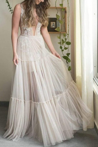 NumberSea - NumberSea Bohemain Tulle Wedding Dress, A - line V - neck Appliqued Bridal Gown, MW635