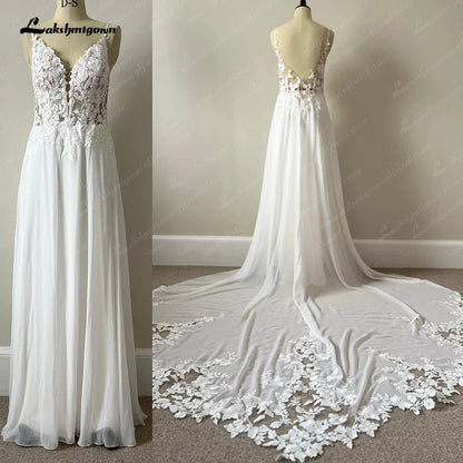 NumberSea - NumberSea Boheme A Line Boho Lace Floral Wedding Dress Open Back 2025 Wedding Gowns for Bride Spaghetti Straps Vestido Novia