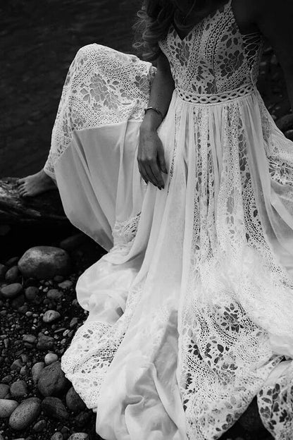 NumberSea - NumberSea Bohemian A - line V - neck Lace Wedding Dresses, Beach Wedding Gowns, MW801