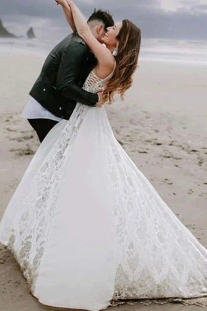 NumberSea - NumberSea Bohemian A - line V - neck Lace Wedding Dresses, Beach Wedding Gowns, MW801