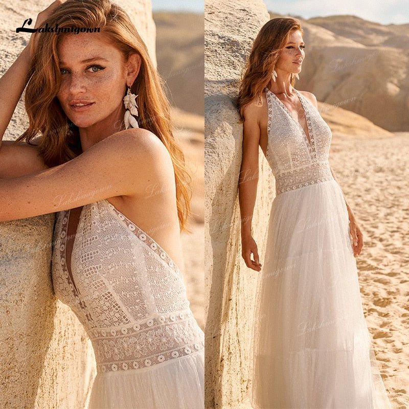 NumberSea - NumberSea Bohemian Boho Wedding Dresses 2021 Halter Backless Vestido Novia Lace Beach Bridal Dress Simple Wedding Gown robe de mariee