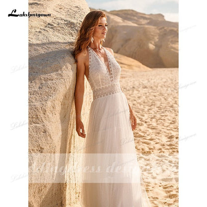 NumberSea - NumberSea Bohemian Boho Wedding Dresses 2021 Halter Backless Vestido Novia Lace Beach Bridal Dress Simple Wedding Gown robe de mariee