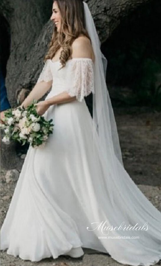 NumberSea - NumberSea Bohemian Chiffon Lace Off - the - Shoulder A - line Beach Wedding Dresses, MW647