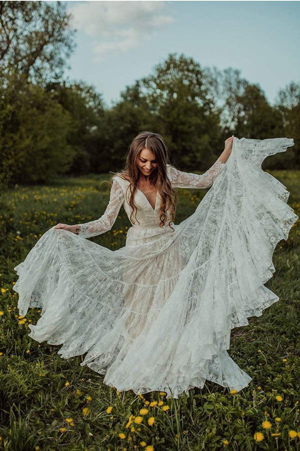 NumberSea - NumberSea Bohemian Lace A - line V - neck Long Sleeves Wedding Dresses, Bridal Dress, MW608