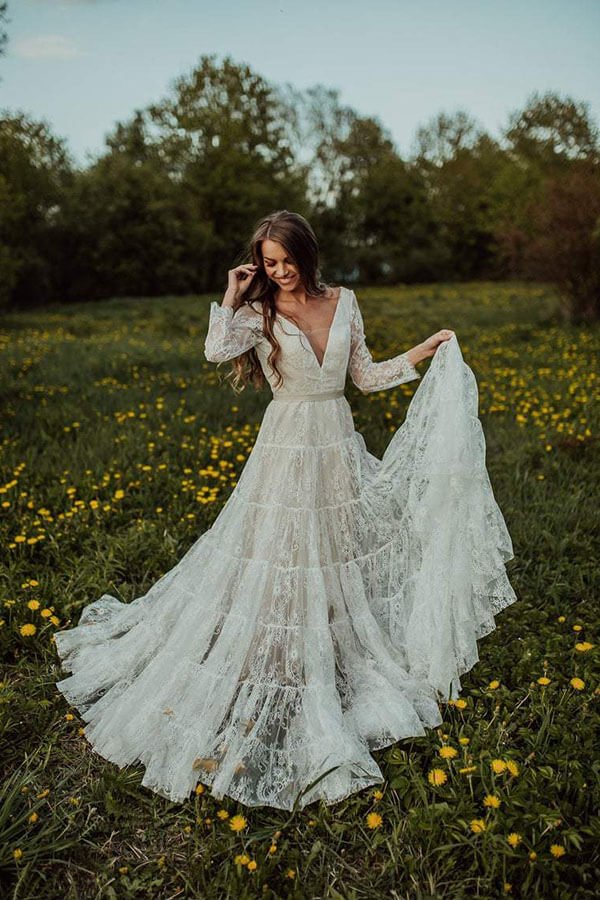 NumberSea - NumberSea Bohemian Lace A - line V - neck Long Sleeves Wedding Dresses, Bridal Dress, MW608