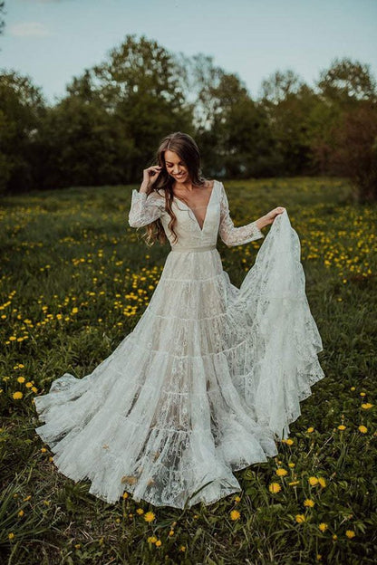 NumberSea - NumberSea Bohemian Lace A - line V - neck Long Sleeves Wedding Dresses, Bridal Dress, MW608