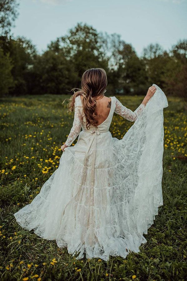 NumberSea - NumberSea Bohemian Lace A - line V - neck Long Sleeves Wedding Dresses, Bridal Dress, MW608