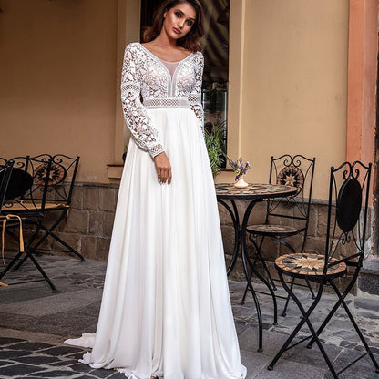 NumberSea - NumberSea Bohemian Lace Long Sleeve Wedding Dresses Chiffon Sweep Train Vintage Scoop Neck Bridal Gowns Pearls Beach Bridal Gown