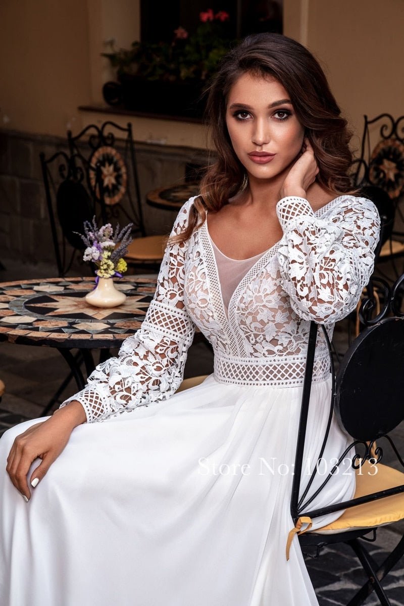 NumberSea - NumberSea Bohemian Lace Long Sleeve Wedding Dresses Chiffon Sweep Train Vintage Scoop Neck Bridal Gowns Pearls Beach Bridal Gown