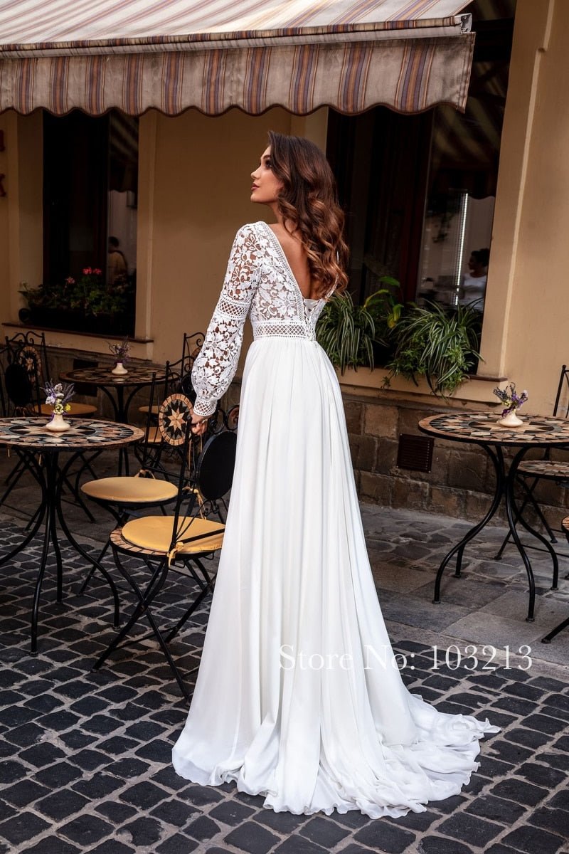 NumberSea - NumberSea Bohemian Lace Long Sleeve Wedding Dresses Chiffon Sweep Train Vintage Scoop Neck Bridal Gowns Pearls Beach Bridal Gown