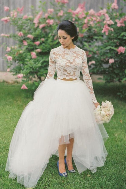 NumberSea - NumberSea Bohemian Lace Top Two Pieces Long Sleeves High Low Wedding Dresses, MW571