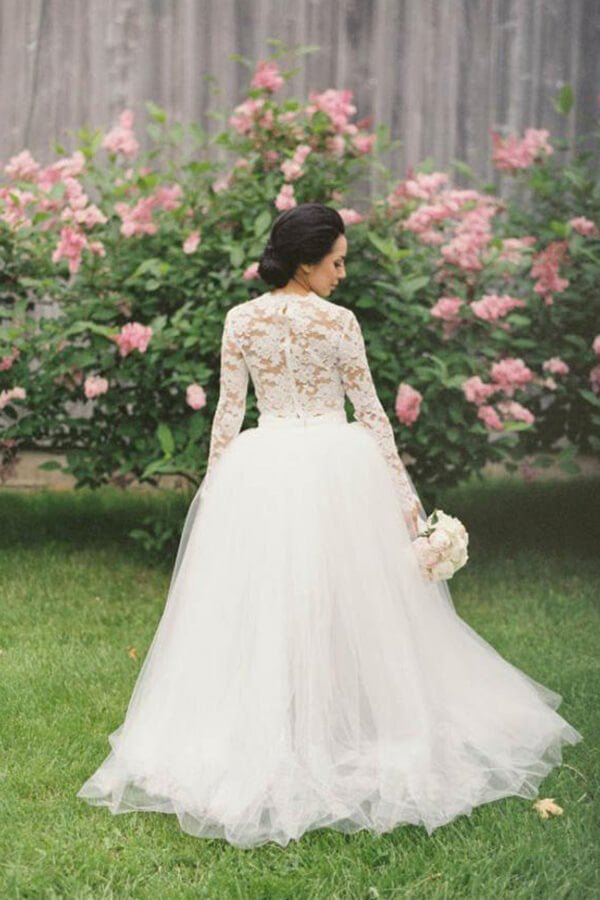 NumberSea - NumberSea Bohemian Lace Top Two Pieces Long Sleeves High Low Wedding Dresses, MW571