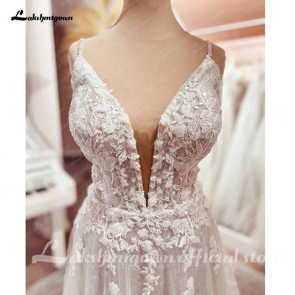 NumberSea - NumberSea Bohemian Lace Wedding Dresses V - Neck Appliques Spaghetti Strap A - Line Beach Bridal Dress Plus Size Wedding Gowns