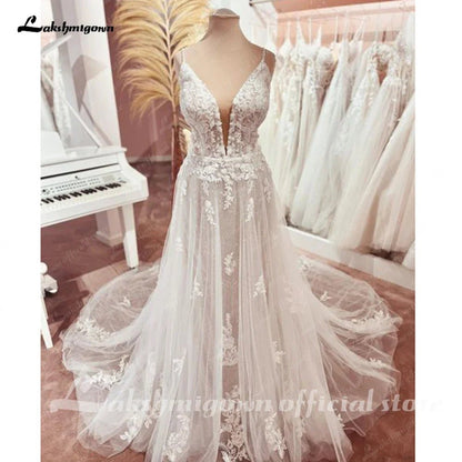 NumberSea - NumberSea Bohemian Lace Wedding Dresses V - Neck Appliques Spaghetti Strap A - Line Beach Bridal Dress Plus Size Wedding Gowns