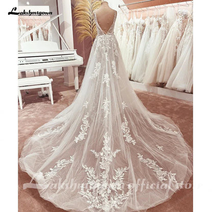 NumberSea - NumberSea Bohemian Lace Wedding Dresses V - Neck Appliques Spaghetti Strap A - Line Beach Bridal Dress Plus Size Wedding Gowns