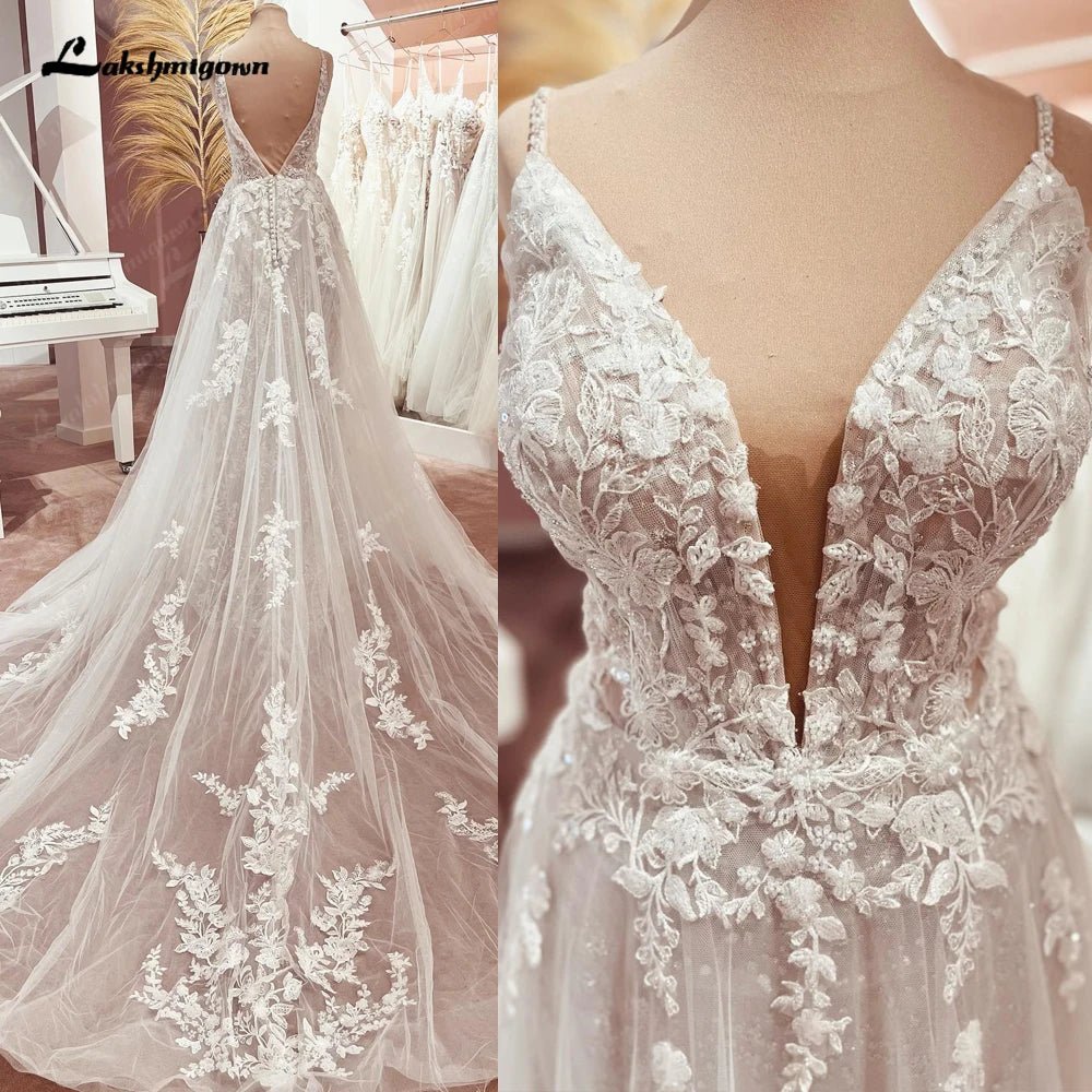 NumberSea - NumberSea Bohemian Lace Wedding Dresses V - Neck Appliques Spaghetti Strap A - Line Beach Bridal Dress Plus Size Wedding Gowns