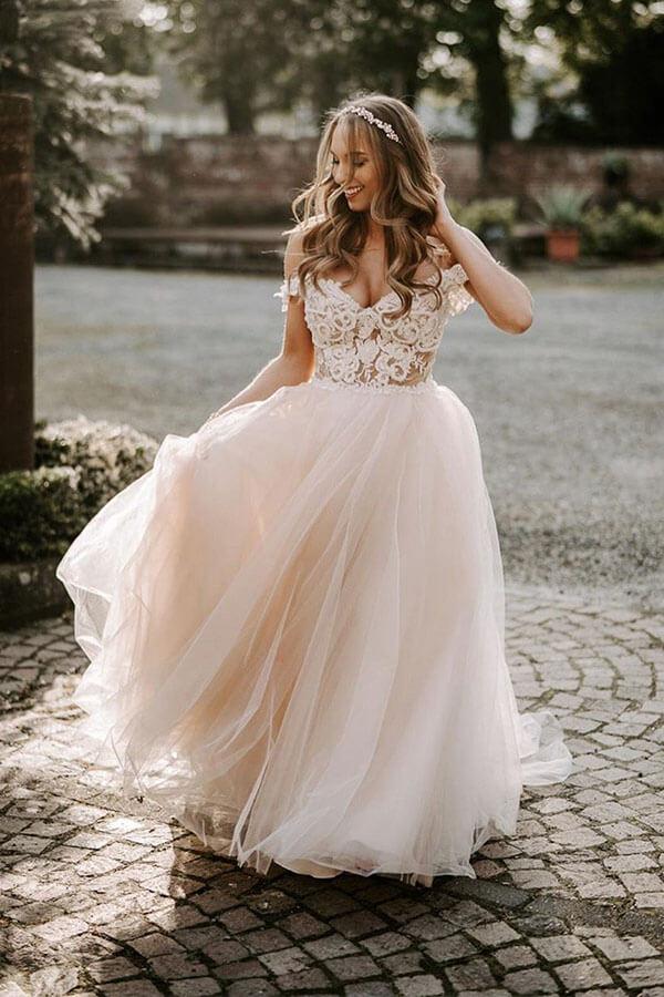 NumberSea - NumberSea Bohemian Tulle Lace A - line Off - the - Shoulder Beach Wedding Dresses, MW561