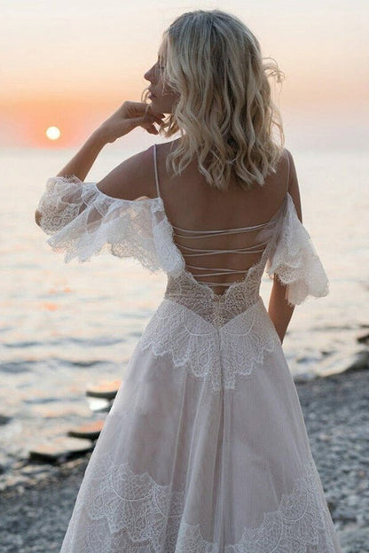 NumberSea - NumberSea Bohemian Tulle Lace Off - the - Shoulder Beach Wedding Dresses, Bridal Gown, MW687