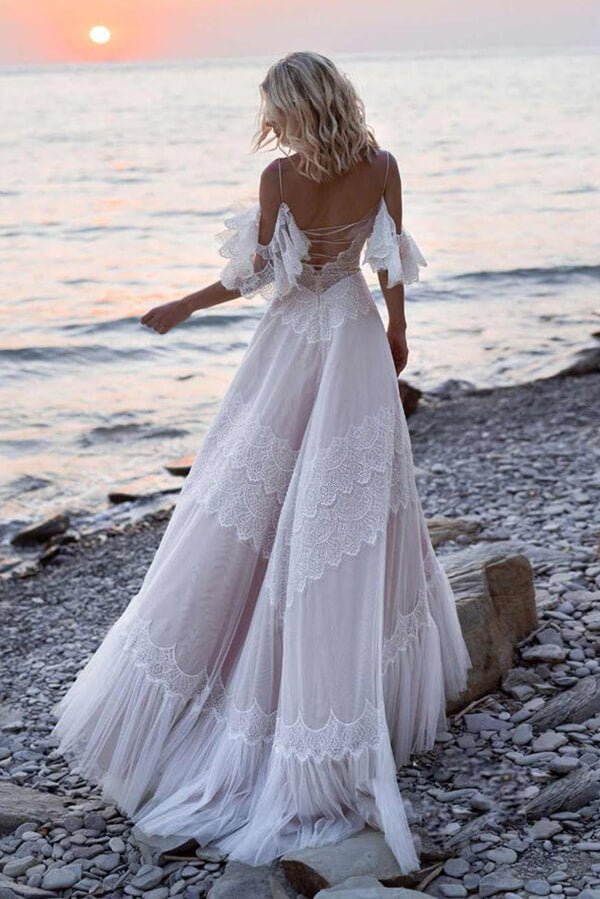 NumberSea - NumberSea Bohemian Tulle Lace Off - the - Shoulder Beach Wedding Dresses, Bridal Gown, MW687