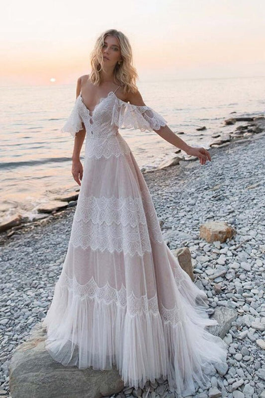 NumberSea - NumberSea Bohemian Tulle Lace Off - the - Shoulder Beach Wedding Dresses, Bridal Gown, MW687