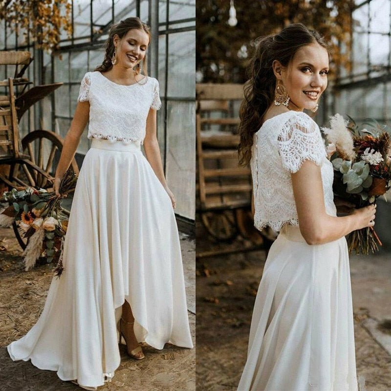 NumberSea - NumberSea Bohemian Two Pieces Wedding Dresses 2021 Lace Top Short Sleeve Bridal Gown Jewel Neck Beach Wedding Gown Vestidos De Novia