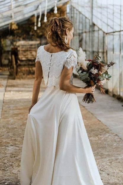 NumberSea - NumberSea Bohemian Two Pieces Wedding Dresses 2021 Lace Top Short Sleeve Bridal Gown Jewel Neck Beach Wedding Gown Vestidos De Novia