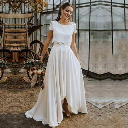 NumberSea - NumberSea Bohemian Two Pieces Wedding Dresses 2021 Lace Top Short Sleeve Bridal Gown Jewel Neck Beach Wedding Gown Vestidos De Novia