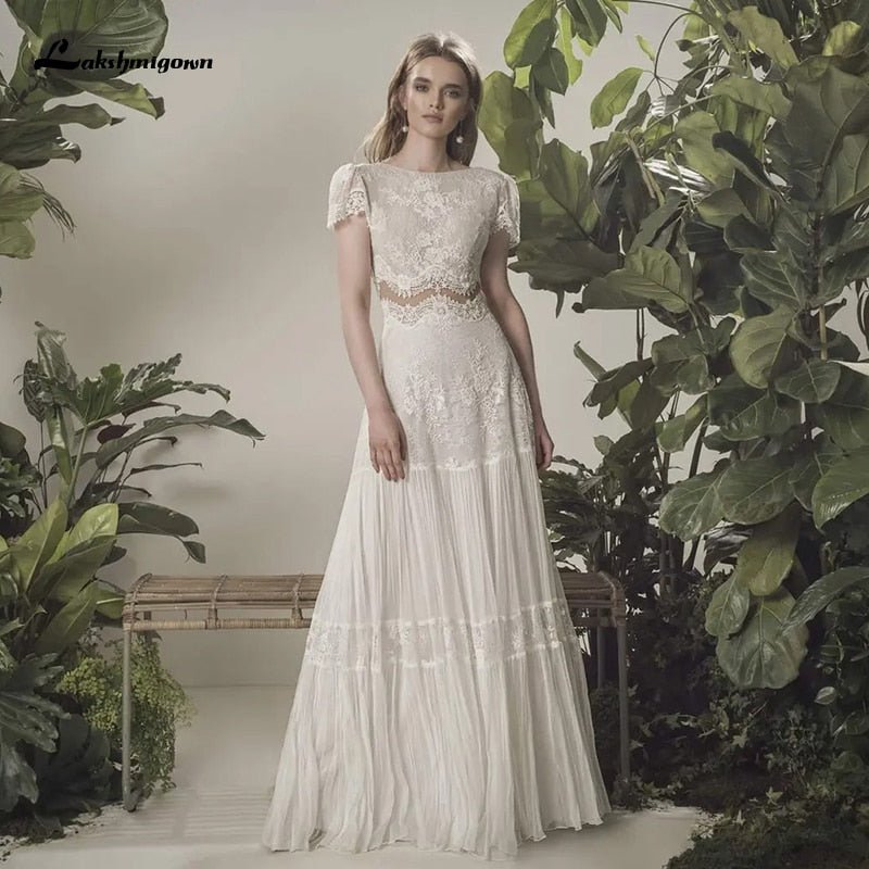 NumberSea - NumberSea Bohemian Wedding Dress 2021 Two Pieces 2 Shorts Sleeve Floor Length Beach Bridal Gown Simple Chiffon For Women High Quality