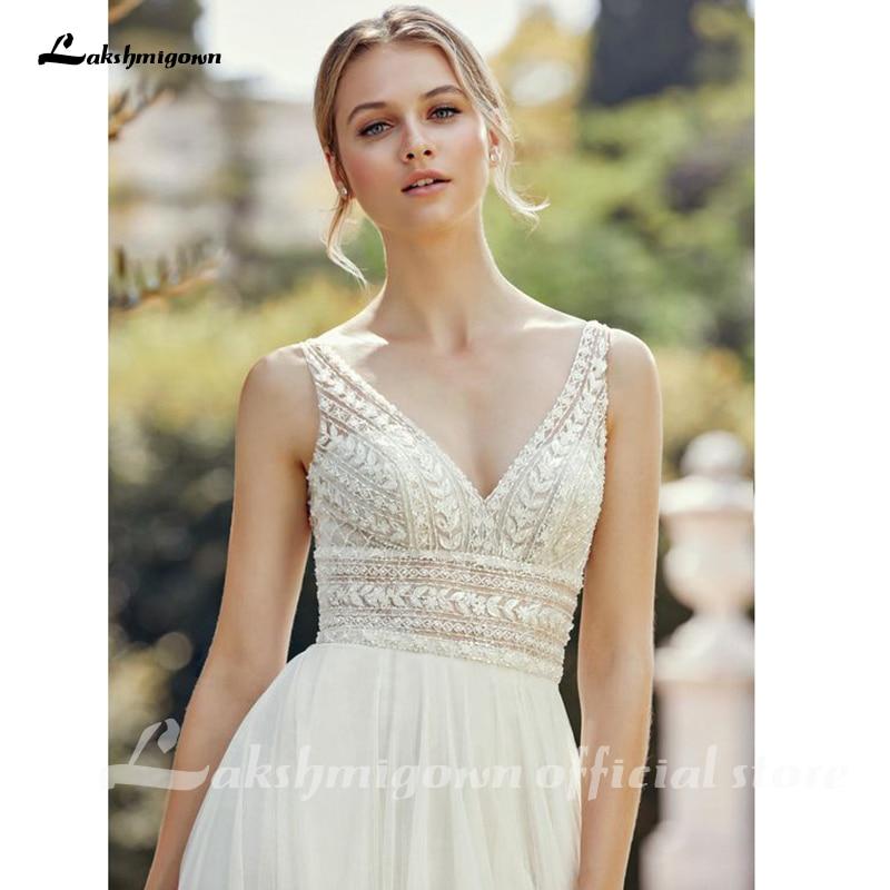 NumberSea - NumberSea Bohemian Wedding Dresses 2021 V Neck Sexy Sleeveless Lace Applique Backless A Line Wedding Gown Soft Tulle Bridal Dress