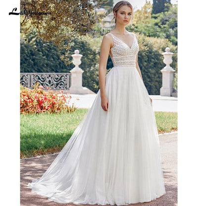 NumberSea - NumberSea Bohemian Wedding Dresses 2021 V Neck Sexy Sleeveless Lace Applique Backless A Line Wedding Gown Soft Tulle Bridal Dress