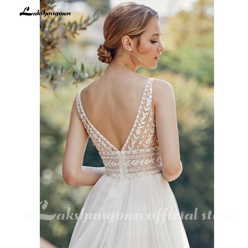 NumberSea - NumberSea Bohemian Wedding Dresses 2021 V Neck Sexy Sleeveless Lace Applique Backless A Line Wedding Gown Soft Tulle Bridal Dress