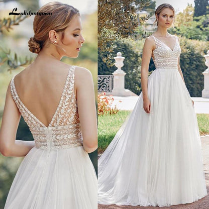 NumberSea - NumberSea Bohemian Wedding Dresses 2021 V Neck Sexy Sleeveless Lace Applique Backless A Line Wedding Gown Soft Tulle Bridal Dress