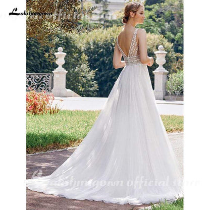 NumberSea - NumberSea Bohemian Wedding Dresses 2021 V Neck Sexy Sleeveless Lace Applique Backless A Line Wedding Gown Soft Tulle Bridal Dress