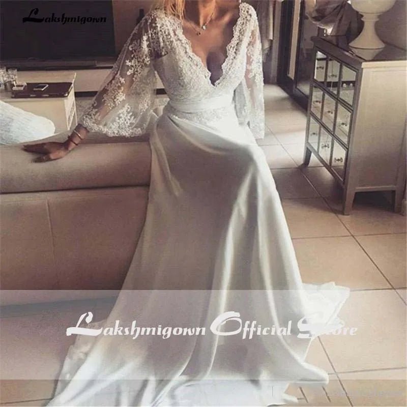 NumberSea - NumberSea Bohemian Wedding Dresses Illusion Lace Bridal Gown Backless Long Sleeve Deep V Neck Boho Chiffon Plus Size Beach Bridal Dress