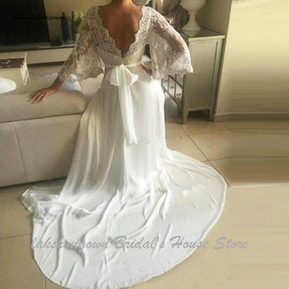 NumberSea - NumberSea Bohemian Wedding Dresses Illusion Lace Bridal Gown Backless Long Sleeve Deep V Neck Boho Chiffon Plus Size Beach Bridal Dress