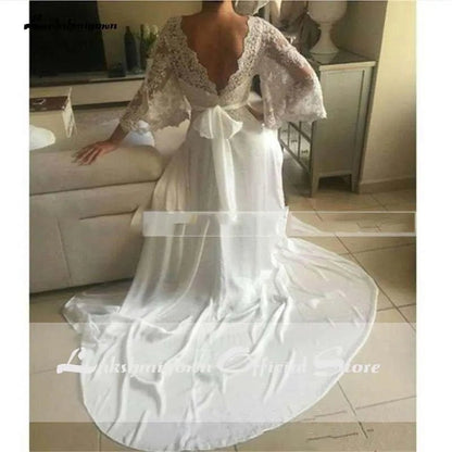 NumberSea - NumberSea Bohemian Wedding Dresses Illusion Lace Bridal Gown Backless Long Sleeve Deep V Neck Boho Chiffon Plus Size Beach Bridal Dress