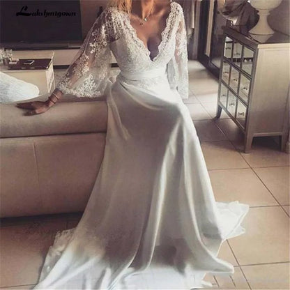 NumberSea - NumberSea Bohemian Wedding Dresses Illusion Lace Bridal Gown Backless Long Sleeve Deep V Neck Boho Chiffon Plus Size Beach Bridal Dress