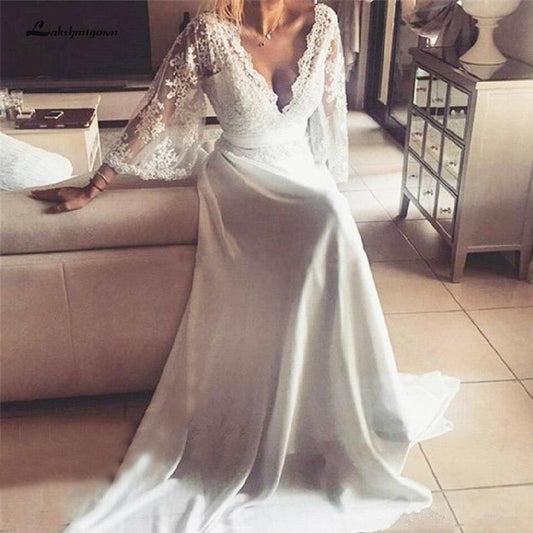 NumberSea - NumberSea Bohemian Wedding Dresses Illusion Lace Bridal Gown Backless Long Sleeve Deep V Neck Boho Chiffon Plus Size Beach Bridal Dress