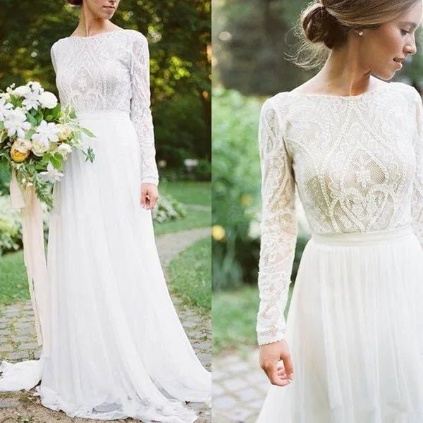 NumberSea - NumberSea Bohemian Wedding Dresses With Long Sleeves Bateau Lace Top Chiffon Boho Bridal Gown vestido de noiva robe de mariee