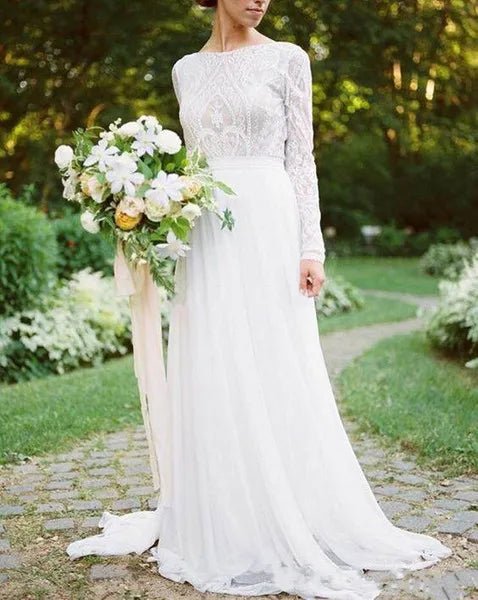 NumberSea - NumberSea Bohemian Wedding Dresses With Long Sleeves Bateau Lace Top Chiffon Boho Bridal Gown vestido de noiva robe de mariee