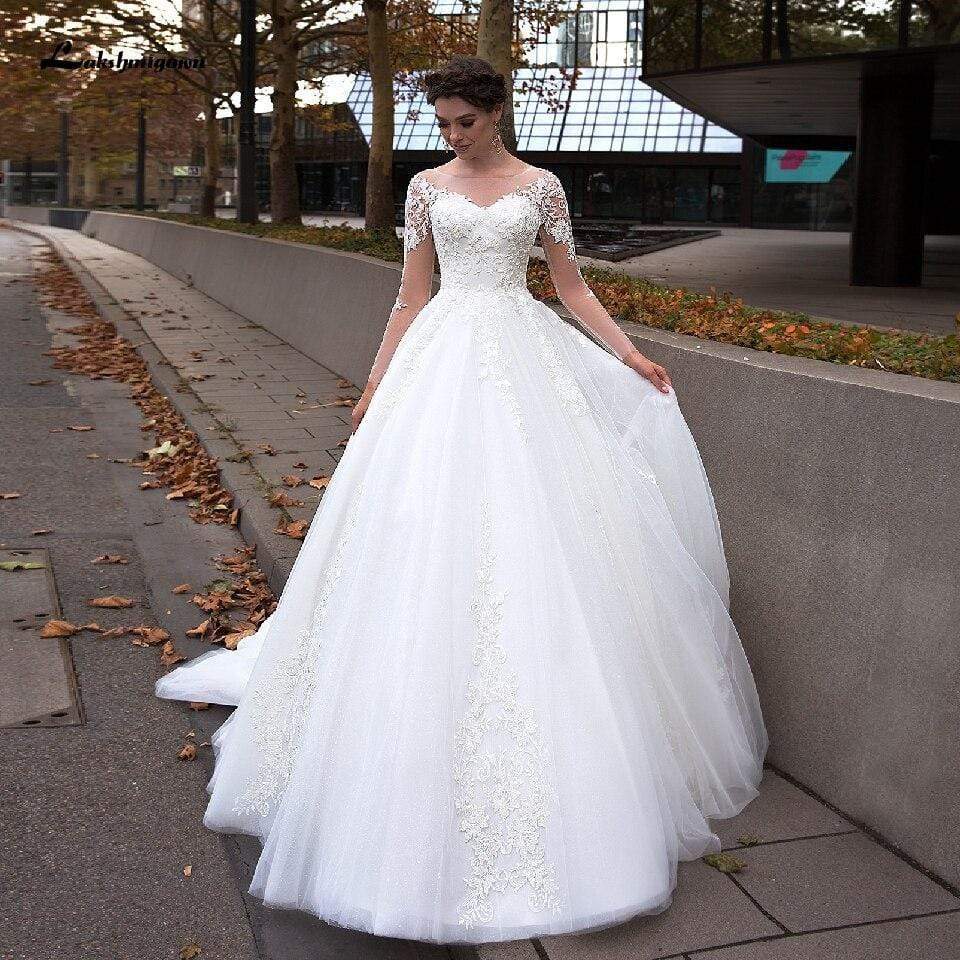 NumberSea - NumberSea Bohemian White Tulle Wedding Dress Long Sleeve