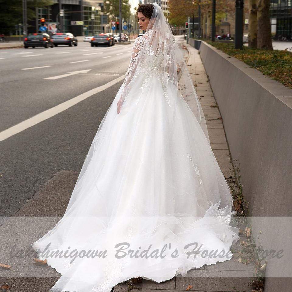 NumberSea - NumberSea Bohemian White Tulle Wedding Dress Long Sleeve