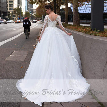 NumberSea - NumberSea Bohemian White Tulle Wedding Dress Long Sleeve