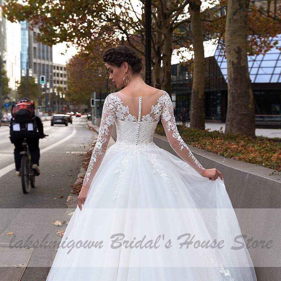 NumberSea - NumberSea Bohemian White Tulle Wedding Dress Long Sleeve