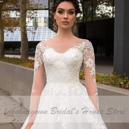 NumberSea - NumberSea Bohemian White Tulle Wedding Dress Long Sleeve