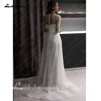 NumberSea - NumberSea Boho A - line Beach Wedding Dress See Through Sleeves Sweep Train Bridal Dress Custom Made Bridal Gowns