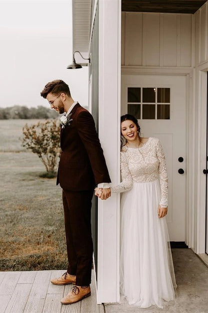 NumberSea - NumberSea Boho A - Line Round Neck Long Sleeves Backless Wedding Dress with Lace,MW431