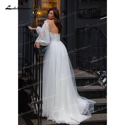 NumberSea - NumberSea Boho A - Line Tulle Wedding Dresses Side Split With Detachable Puff Sleeves Sweetheart Neck Sweep/Brush Train Beach Bride Gowns